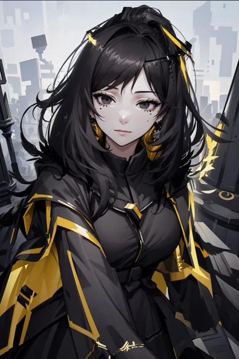 a woman in a black and gold outfit standing in front of a city