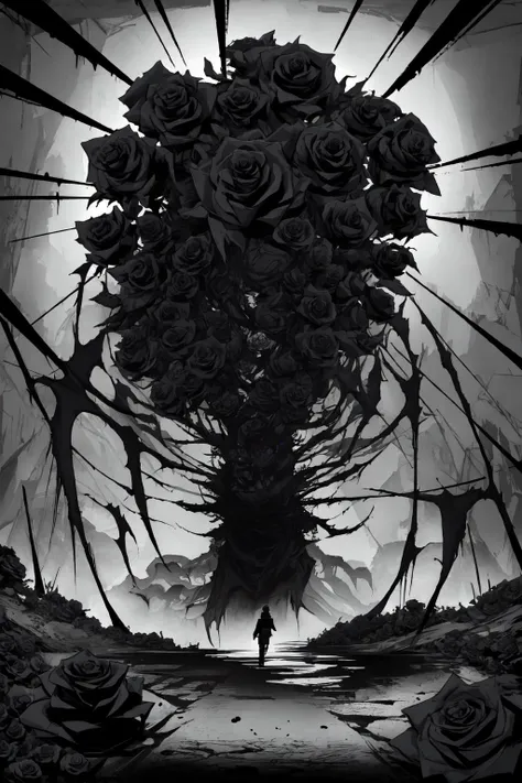 gorgeous and stylish monochrome ,body coloring,flat art,strong color contrast, (huge horror monster made of black roses:1.3), (black rose theme,brightness absorbing flowers:1.5), extremely dangerous atmosphere,ultra high res,