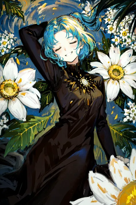 a painting of a woman with blue hair and flowers in her hair