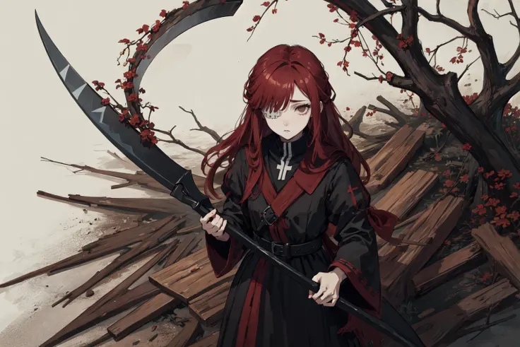 anime girl with red hair holding a sword and a scythe