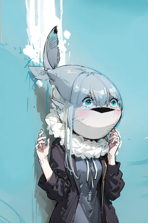 anime character with shark head and blue eyes standing in front of a wall