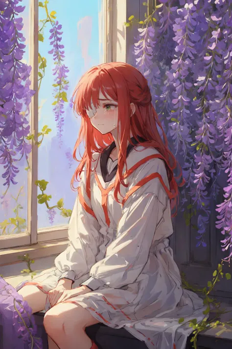 anime girl sitting on a window sill with purple flowers