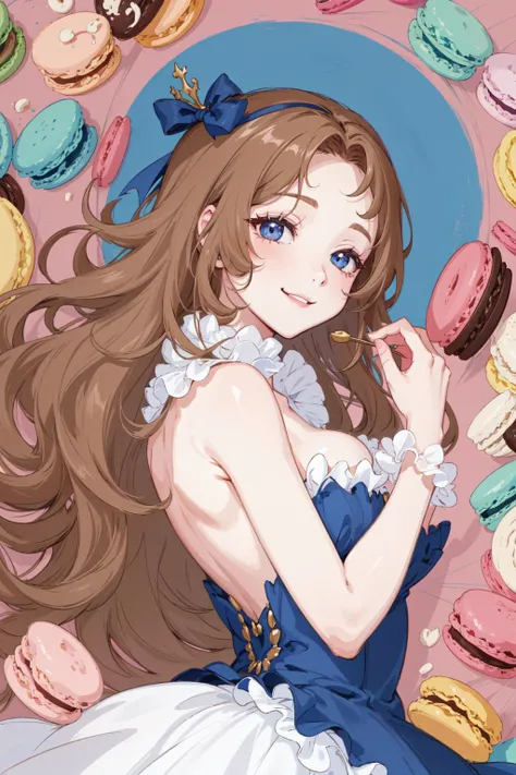 anime girl with long brown hair and blue dress surrounded by macarons