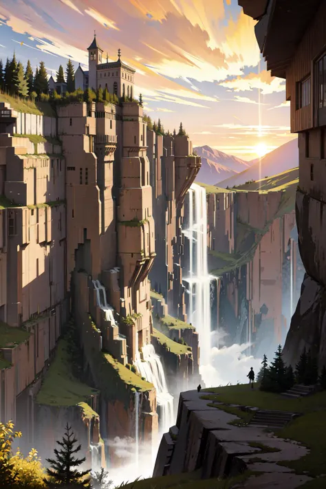 vector art,cliffs, dams,an ancient giant city that blends in with the mountain walls,
scenery, sky, cloud, outdoors, city, fantasy, building,waterfalls,