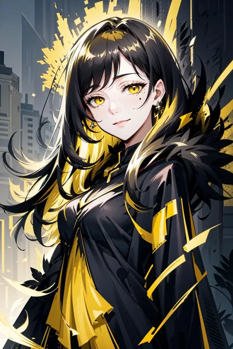 a woman with long black hair and yellow eyes standing in front of a city