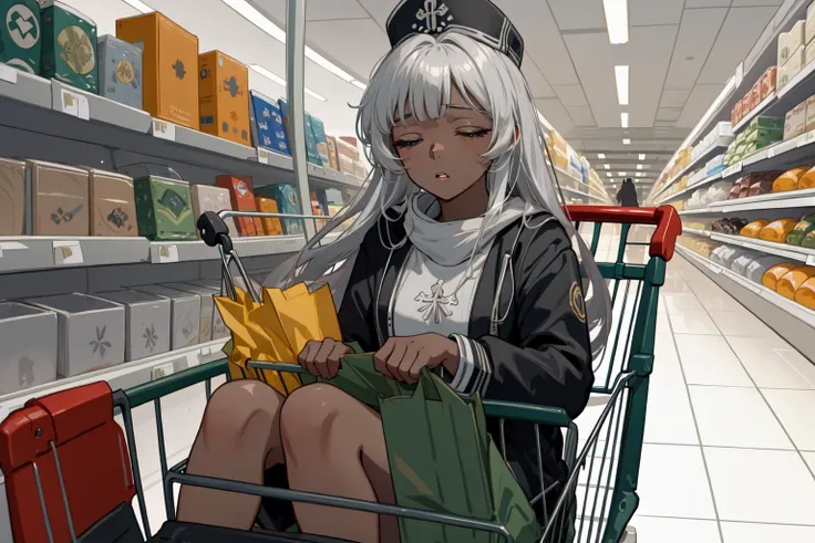 anime girl sitting in a shopping cart in a grocery store