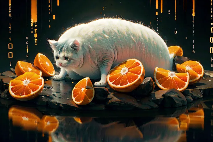 there is a white cat that is standing on a table with oranges