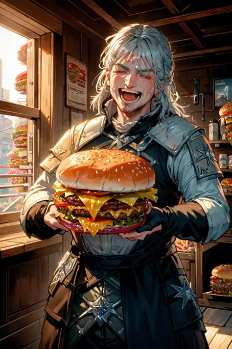 masterpiece, 8k, natural lighting, soft lighting, sunlight, HDR (High Dynamic Range), Maximum Clarity And Sharpness, Multi-Layered Textures,
(Geralt serving a giant hamburger:1.4), ((laughing:1.3)), cinematic lighting, film grain