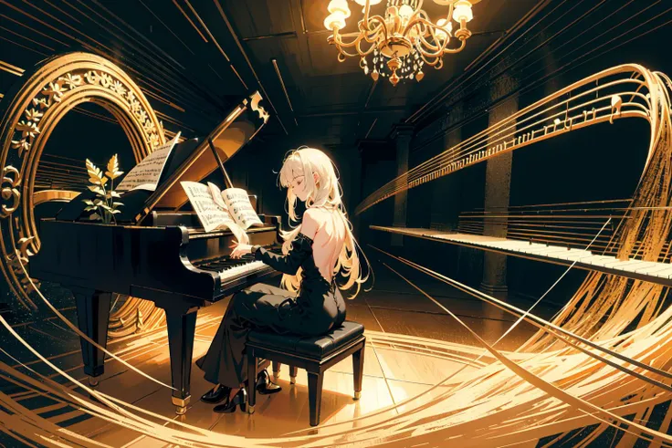 there is a woman sitting at a piano in a room