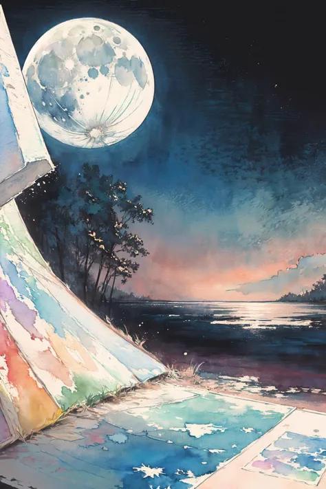 painting of a painting of a moon and a beach with a surfboard