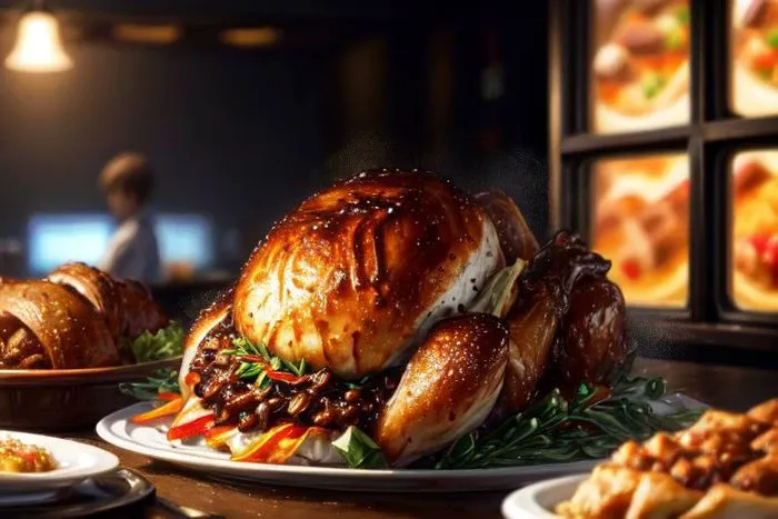 a close up of a turkey on a plate with other food on a table