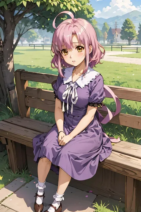 (masterpiece, best quality), 1girl,   <lora:sakura_megumi:1> sakura megumi,ahoge,long hair,hairclip,cross necklace,ribbon,purple dress,short sleeves,socks,white socks,shoes,brown footwear,