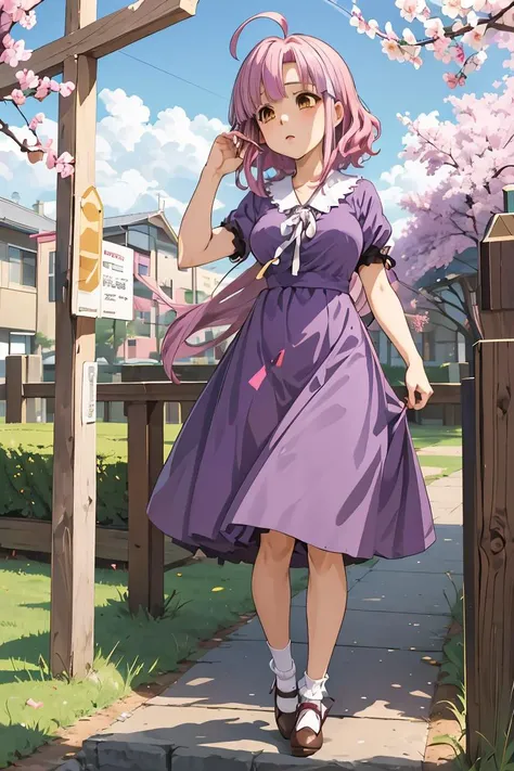 (masterpiece, best quality), 1girl,   <lora:sakura_megumi:1> sakura megumi,ahoge,long hair,hairclip,cross necklace,ribbon,purple dress,short sleeves,socks,white socks,shoes,brown footwear,