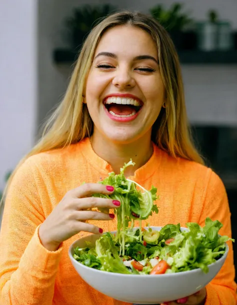 (ral-highvis), young woman laughing of a bowl of salad