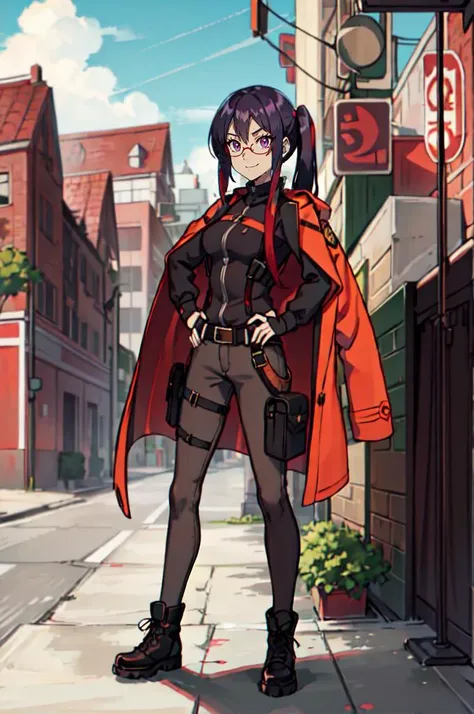 <lora:WITCH-BlipTest2:0.7>, absurdres, ultra detailed, masterpiece, best quality, aesthetic, detailed,, solo, smug smile, 1girl, purple eyes, red-framed eyewear, (black hair, red colored tips:1.2), red streaked hair, very long hair, side ponytail, tied hai...