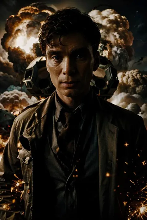 a portrait photo of 1man surrounded by explode,Cillian Murphy,nuclear explosion,<lora:Oppenheimer>,