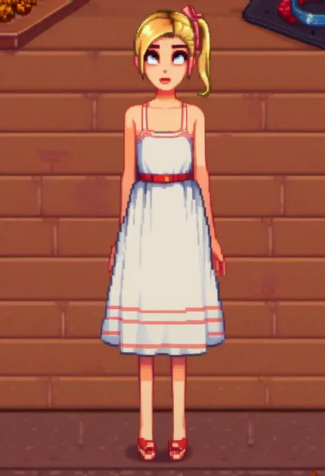 a close up of a person in a dress standing in front of a brick wall