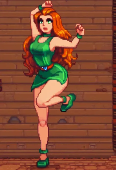 a cartoon girl in a green dress dancing in front of a brick wall