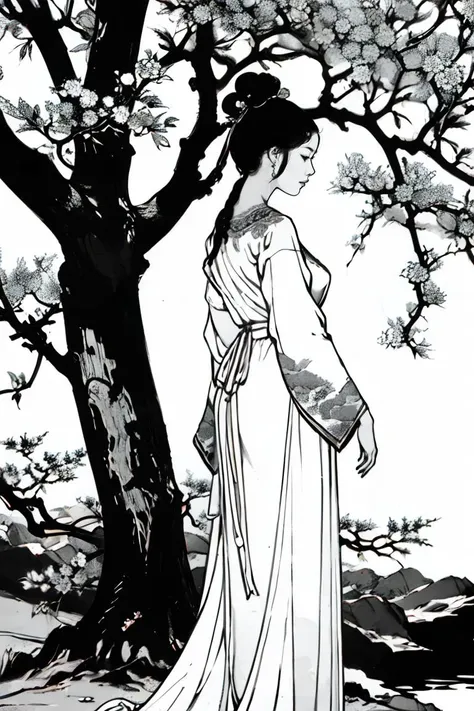 master piece,high quality,a beautiful Chinese girl,long dress,ancient Chinese architecture,peach tree,<lora:ãæç»loraãé»ç½çº¿æ¡ç» çç» _v1.0:1>,