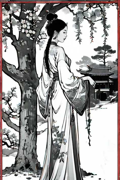 master piece,high quality,a beautiful Chinese girl,long dress,ancient Chinese architecture,peach tree,<lora:ãæç»loraãé»ç½çº¿æ¡ç» çç» _v1.0:1>,