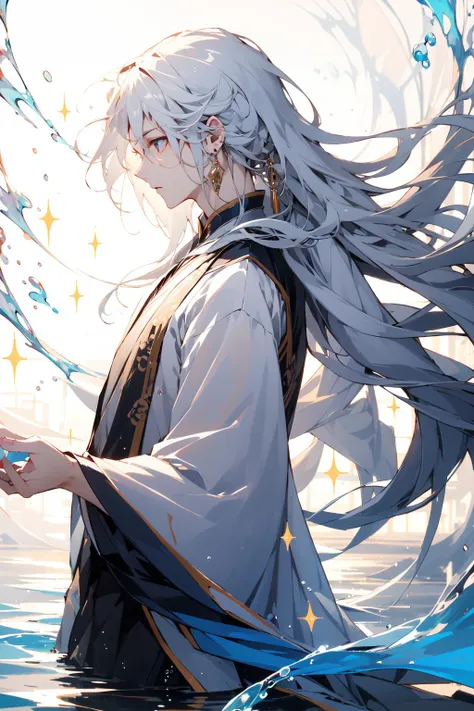 -Chinese style, long hair, solo, male focus, 1boy, jewelry, long sleeves, chinese clothes, water, white hair, earrings, profile, from side, floating hair, hanfu, holding, upper body, sparkle