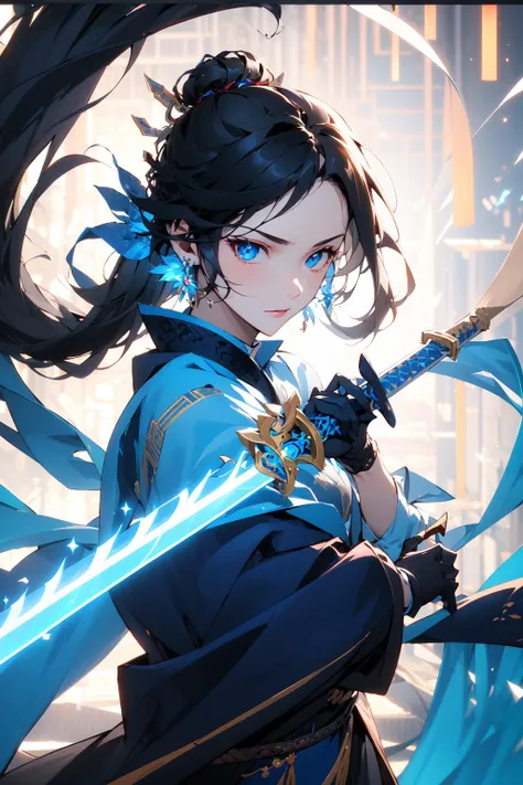 (masterpiece:1.2),best quality,Chinese style,
weapon,sword,blue eyes,1girl,jewelry,black hair,solo,holding weapon,looking at viewer,earrings,holding,holding sword,glowing,hair bun,katana,single hair bun,glowing weapon,chinese clothes,unsheathing,glowing sw...