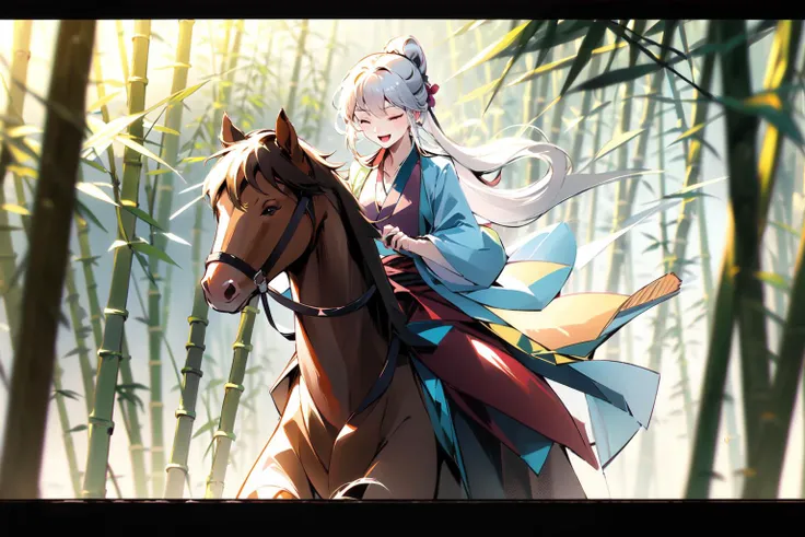 masterpiece,best quality,PIXIV,Chinese style,
fenglingyuxiu,riding,multiple girls,2girls,brown hair,nature,closed eyes,horse,forest,ponytail,horseback riding,bamboo,white hair,smile,open mouth,long hair,bamboo forest,scarf,hair ribbon,ribbon,
<lora:fenglin...