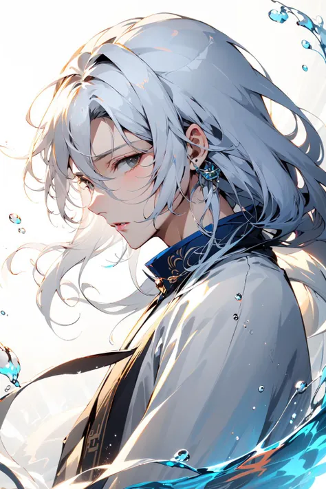 (masterpiece:1.2),best quality,Chinese style,
solo,1boy,male focus,long hair,looking at viewer,parted lips,holding,upper body,from side,profile,sword,bangs,weapon,white hair,jewelry,white background,water,grey hair,simple background,grey eyes,hair between ...