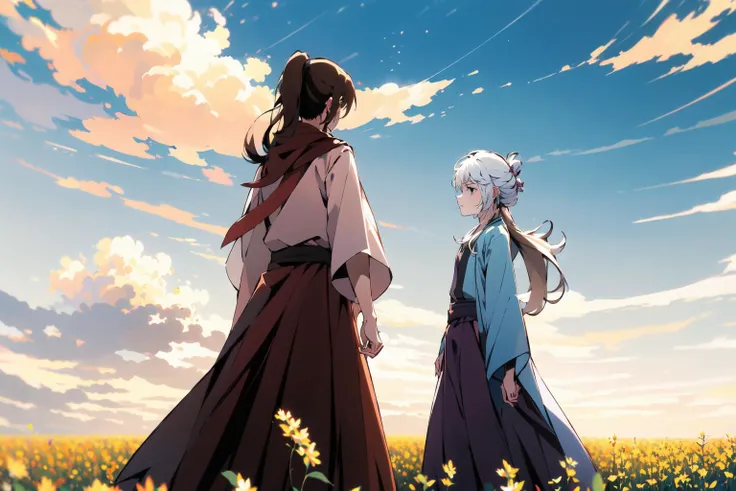 masterpiece,best quality,PIXIV,Chinese style,
fenglingyuxiu, long hair, flower, sky, cloud, outdoors, 2boys, multiple boys, white hair, ponytail, scarf, long sleeves, field, cloudy sky, blurry, brown hair<lora:fenglingyuxiu-000014:0.8>