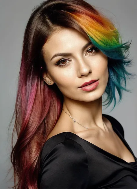 portrait of sks woman by Flora Borsi, style by Flora Borsi, bold, bright colours, rainbow Mohawk haircut, ((Flora Borsi)), <lora:locon_victoriajustice_v1_from_v1_64_32:1>