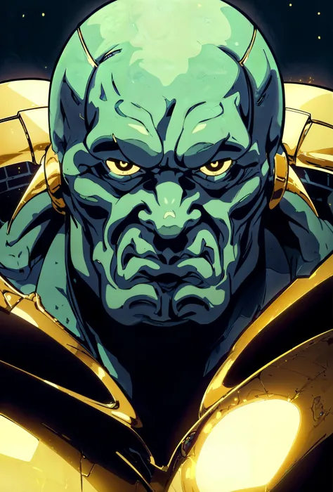 a close up of a man with a green face and a yellow helmet