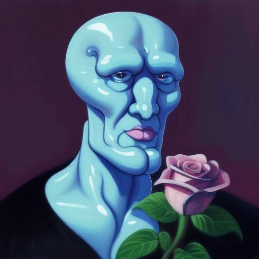 oil painting, masterpiece, <lora:handsome-squidward:1> Handsome-squidward, Handsome squidward, blue skin, blue, pink lips ,oil painting,portrait <lora:fluffyrock-quality-tags-v2.0-vpred:0.7>,best quality, high quality,black suit,holding Rose Bouquet