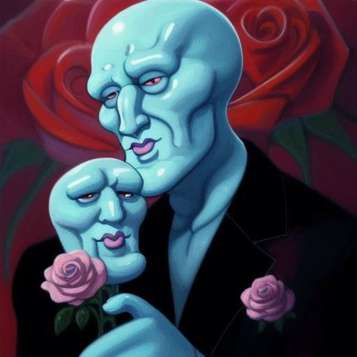 oil painting, masterpiece, <lora:handsome-squidward:1> Handsome-squidward, Handsome squidward, blue skin, blue, pink lips ,oil painting,portrait <lora:fluffyrock-quality-tags-v2.0-vpred:0.7>,best quality, high quality,black suit,holding Rose Bouquet