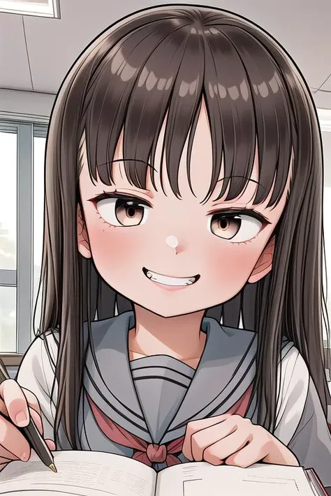 masterpiece,ultra detail,best quality,girl,blush,classroom,indoor,evil smile,studying,drsk,chair,,njght,petite,yuzuki_kaede, brown eyes, brown hair, long hair, serafuku, <lora:yuzuki_kaede_lora_ver1:0.7>