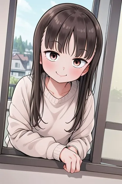 masterpiece,ultra detail,best quality,girl,blush,childrens room,indoor,2nd floor,upper body(from outside window)evil smile,leaning forward,njght,petite,yuzuki_kaede, brown eyes, brown hair, long hair, sweater, <lora:yuzuki_kaede_lora_ver1:0.7> <lora:from_o...