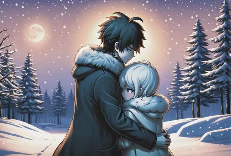 anime couple hugging in the snow with a full moon in the background