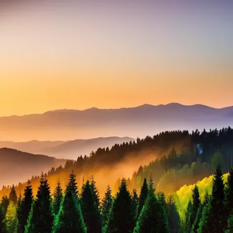 a view of a mountain range with a forest in the foreground