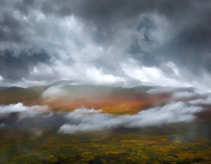 painting of a cloudy sky over a field with a mountain in the background