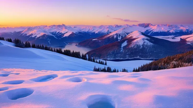 snowy mountains with a sunset in the distance