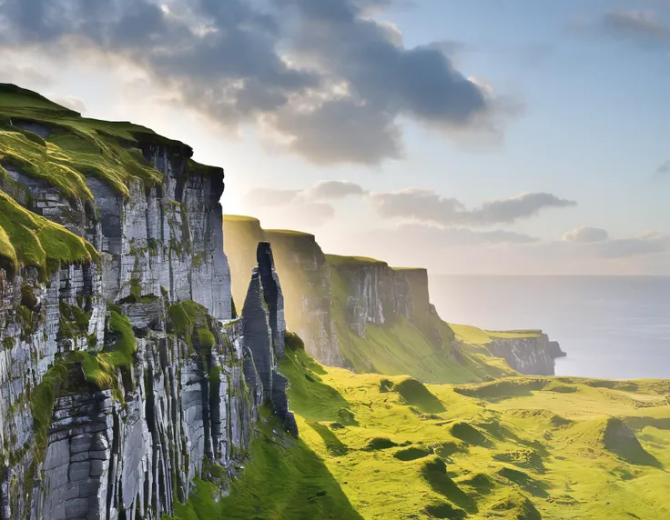 grassy cliffs with a cliff face and a grassy field below