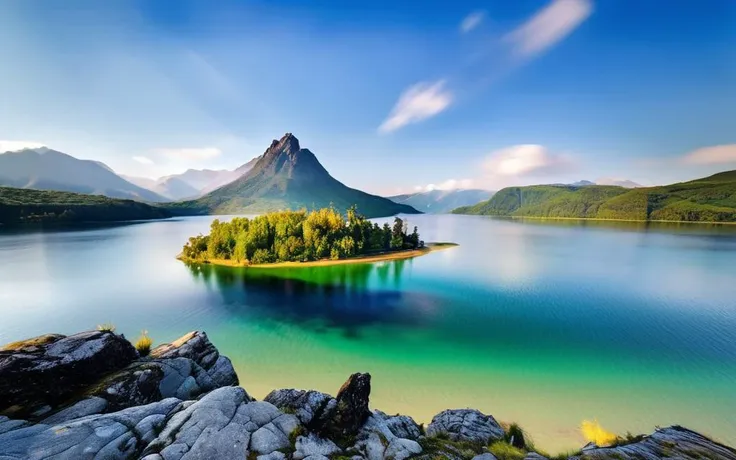 a view of a small island in the middle of a lake