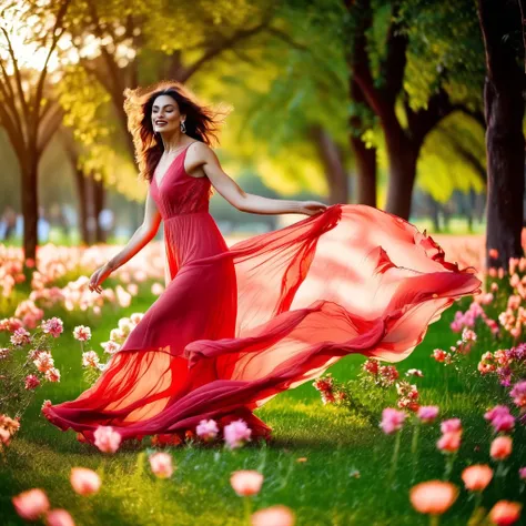 a woman in a red dress is walking through a field of flowers