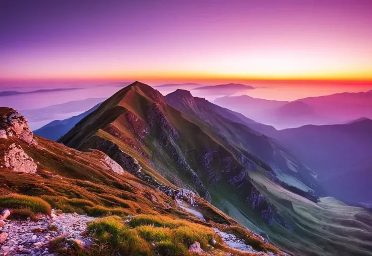 a view of a mountain range with a sunset in the background