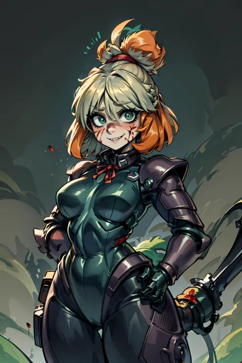 <lora:isabelle:1> isaCrossing, red ribbon, topknot, furry, furry female, scary smile, ((((dark green power armor)))), (((hell background))), holding weapon, shotgun, (((blood))), pants,