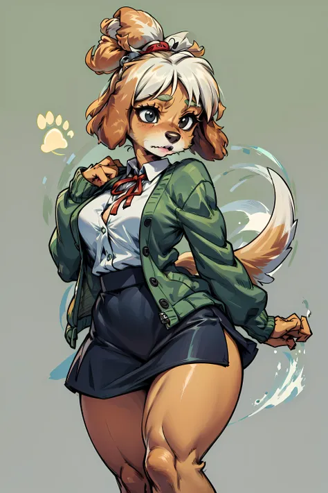 <lora:isabelle:1> isaCrossing, green cardigan, white shirt, blue skirt, red ribbon, checkered pattern, topknot, furry, furry female, (((dog snout))),