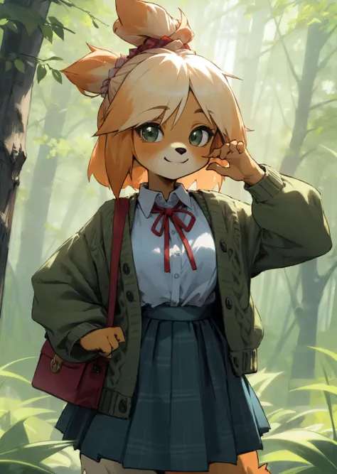 masterpiece:1.2, best quality, isacrossing, topknot, green cardigan, white shirt, blue skirt, red ribbon, checkered pattern, anthro, furry, furry female, forest, giving a flower, centered, looking at viewer, smiling <lora:isabelleAnimalCrossingV2:0.8>