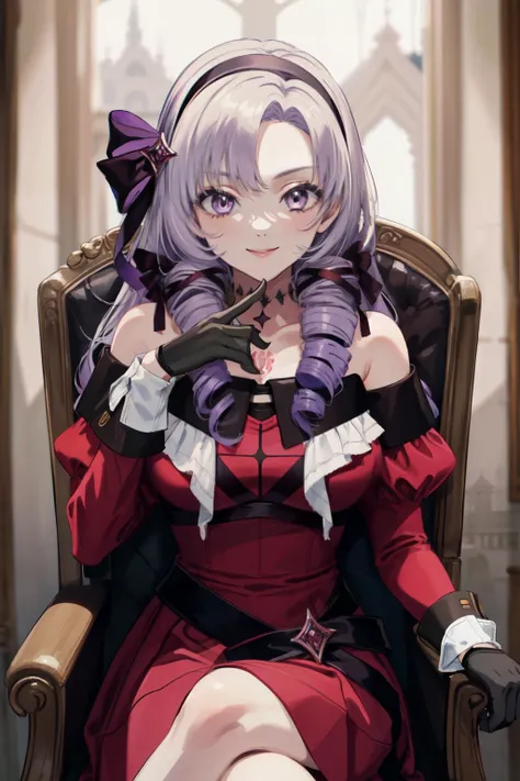 (best quality, masterpiece, RAW photo,ultra-detailed:1.2), 1girls, solo,castle, queen chair, sitting, smile,
 <lyco:hyakumantenbara_salome_v1:1.0>
hmsalome, drill hair, parted bangs, black hairband, ribbon, purple eyes, large breasts, tattoo, red dress, lo...