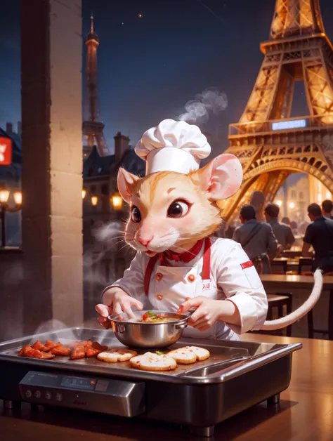 a rat wearing chef hat, cooking, paris background, steaming hot food, eiffel tower, night, depth of field, animal focus , blurry...