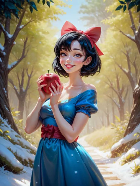 a woman in a blue dress holding an apple in a snowy forest