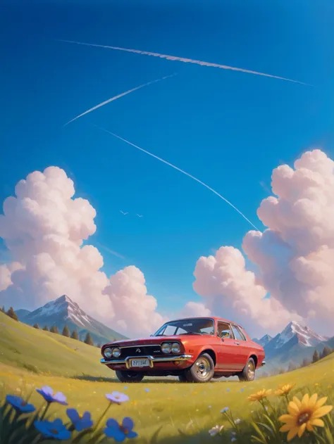 red classic car, car focus, grasslands, flowers, meadow, mountainous horizon, blue sky, cloud, vertical photography, car photogr...